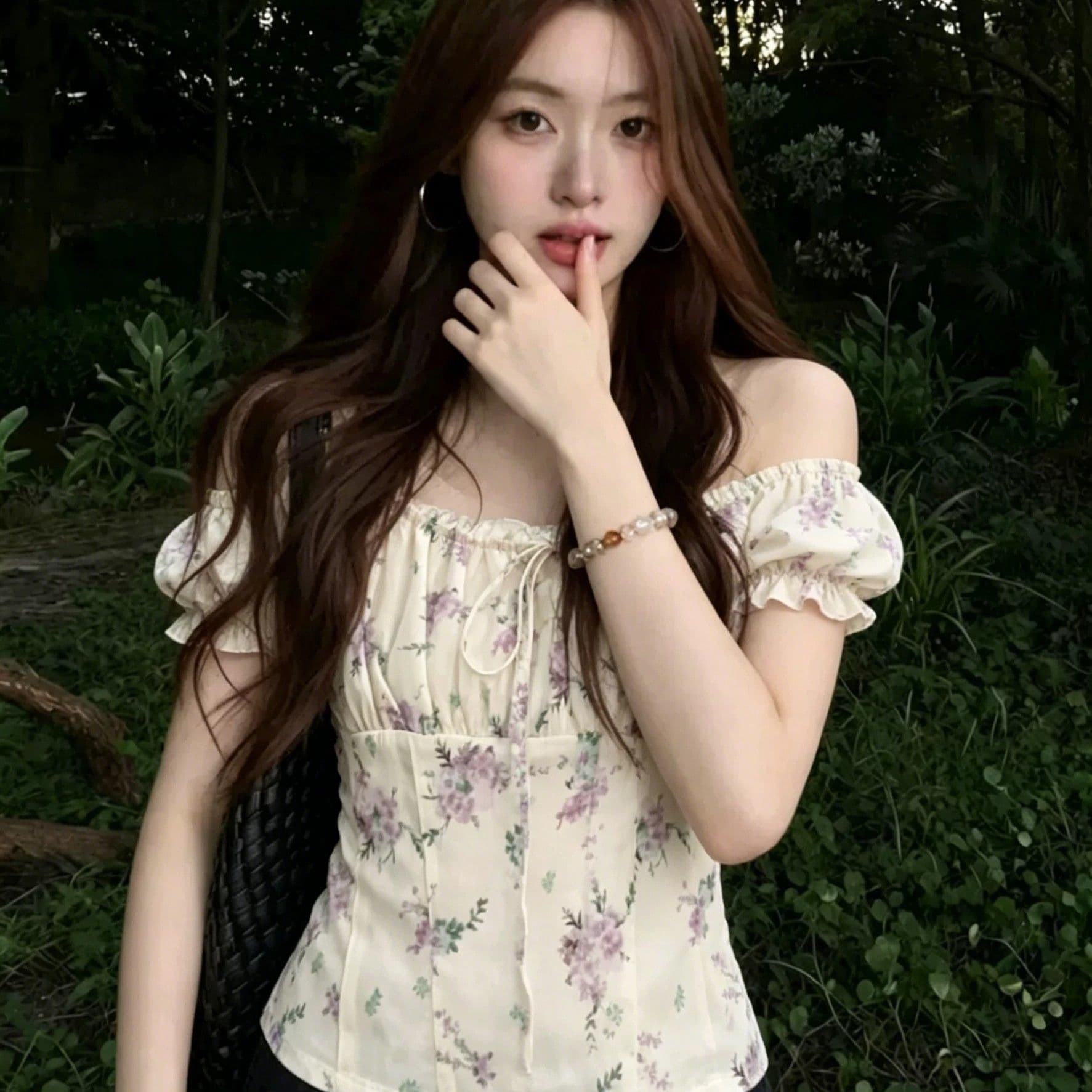 프랑스식 달콤함 꽃무늬 거품 소매 광장 칼라 반팔 여성 셔츠 여름 몸매 가꾸기 슬림해 보이는 허리 수축 작은 셔츠 레이스업 맨위 상세 이미지 7