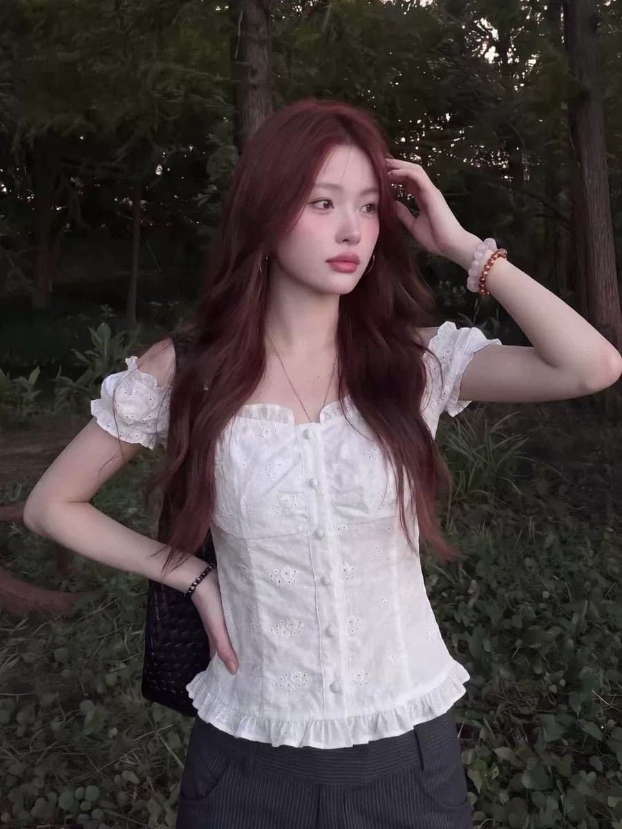프랑스식 달콤함 작은 날다 소매 프릴 자수 여성 셔츠 핫걸 몸매 가꾸기 허리 수축 반팔 부드러운 다용도 맨위 여름 상세 이미지 6