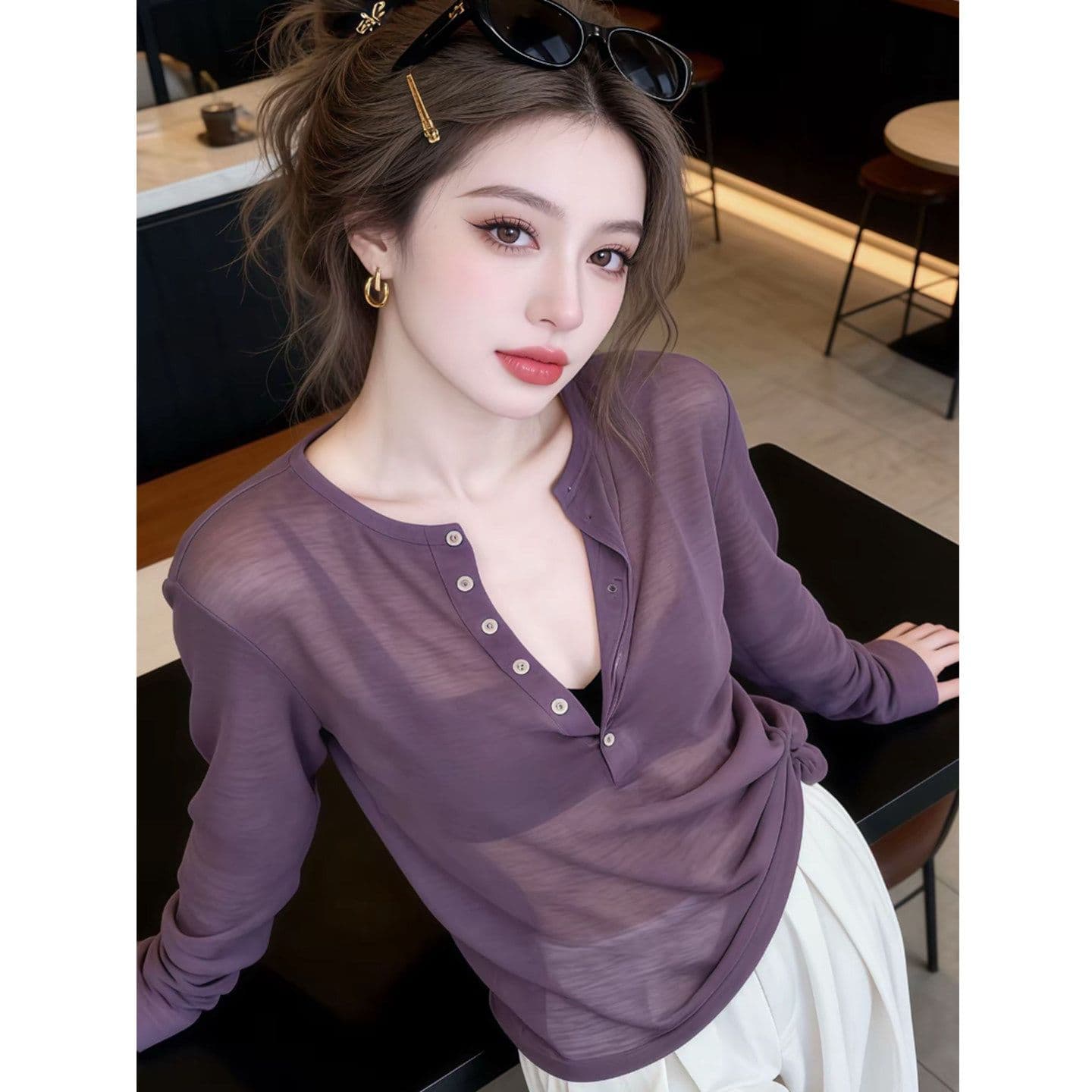 느긋한 느슨함 센스 반 개방 칼라 단추 자외선 차단 블라우스 여성 26 여름 새로운 루즈핏 슬림해 보이는 맨위 상세 이미지 2