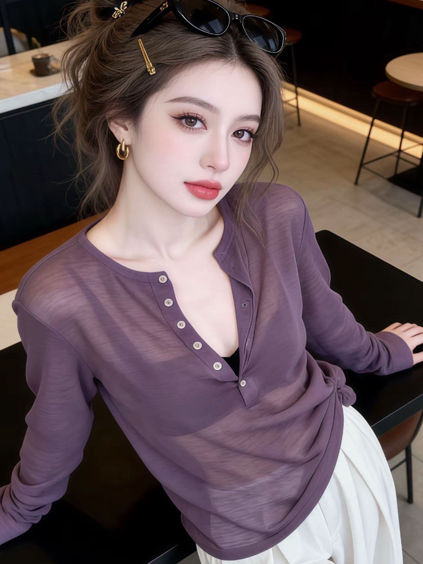 느긋한 느슨함 센스 반 개방 칼라 단추 자외선 차단 블라우스 여성 26 여름 새로운 루즈핏 슬림해 보이는 맨위 상세 이미지 5