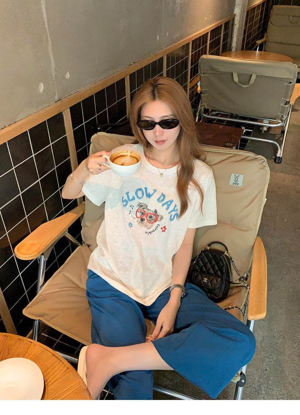 165g 눈꽃 면 75 집결하다 섬유 25 감기 센스 눈꽃 면 멩 이자 낙서 안경 강아지 반팔 티셔츠 여성 상세 이미지 13