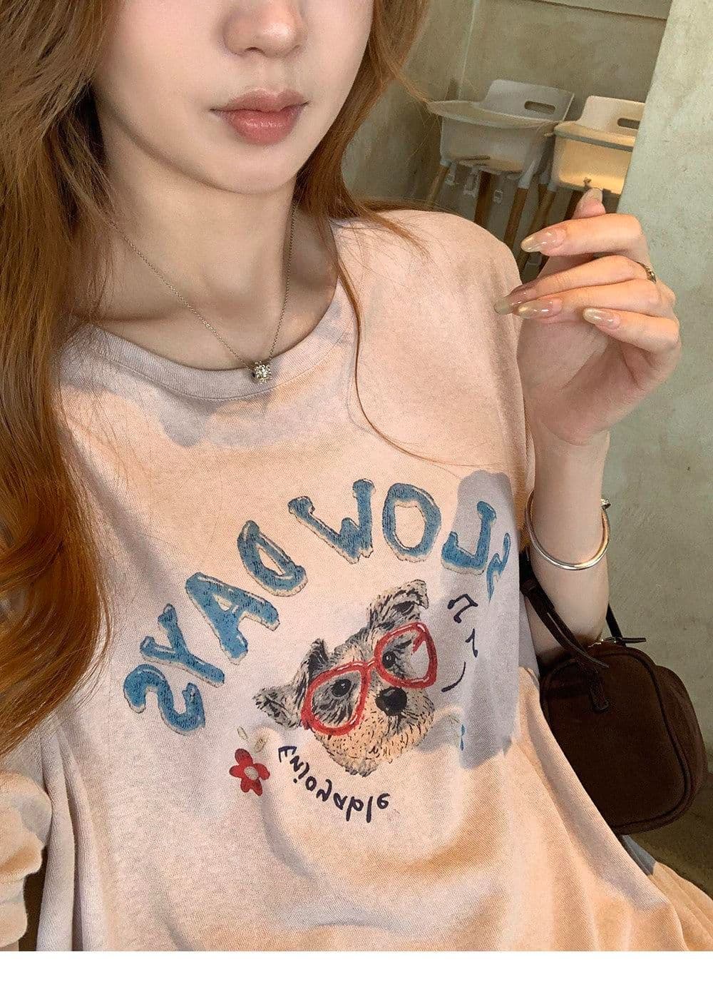 165g 눈꽃 면 75 집결하다 섬유 25 감기 센스 눈꽃 면 멩 이자 낙서 안경 강아지 반팔 티셔츠 여성 상세 이미지 14
