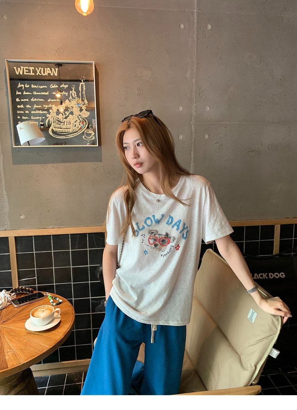 165g 눈꽃 면 75 집결하다 섬유 25 감기 센스 눈꽃 면 멩 이자 낙서 안경 강아지 반팔 티셔츠 여성 상세 이미지 31