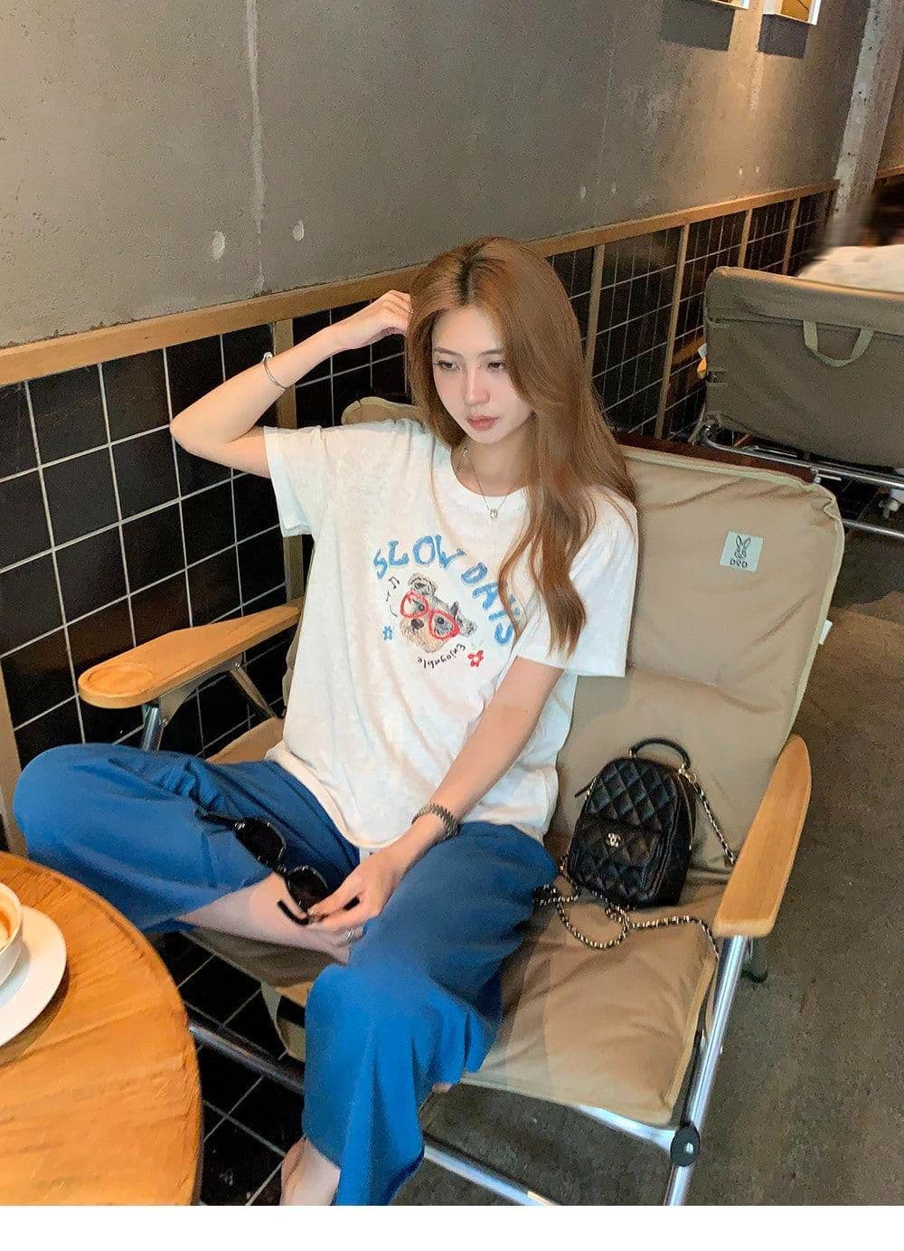 165g 눈꽃 면 75 집결하다 섬유 25 감기 센스 눈꽃 면 멩 이자 낙서 안경 강아지 반팔 티셔츠 여성 상세 이미지 32