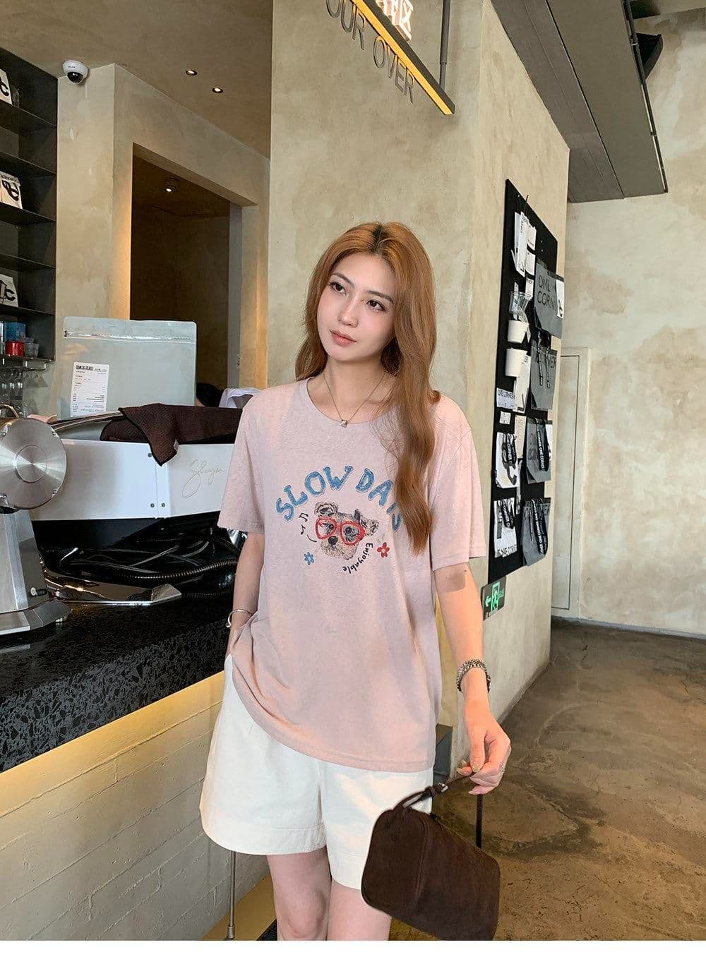 165g 눈꽃 면 75 집결하다 섬유 25 감기 센스 눈꽃 면 멩 이자 낙서 안경 강아지 반팔 티셔츠 여성 상세 이미지 39