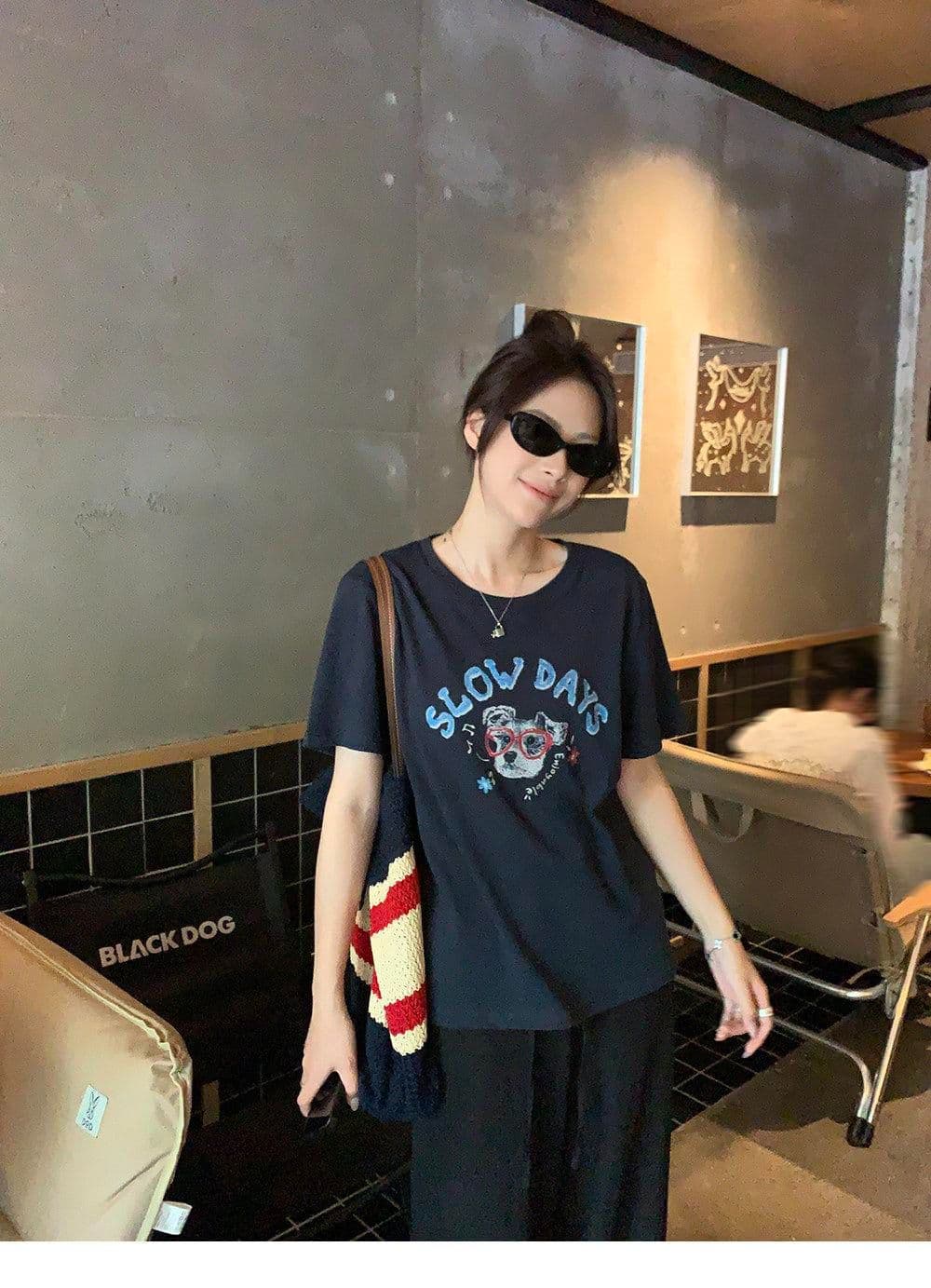 165g 눈꽃 면 75 집결하다 섬유 25 감기 센스 눈꽃 면 멩 이자 낙서 안경 강아지 반팔 티셔츠 여성 상세 이미지 41