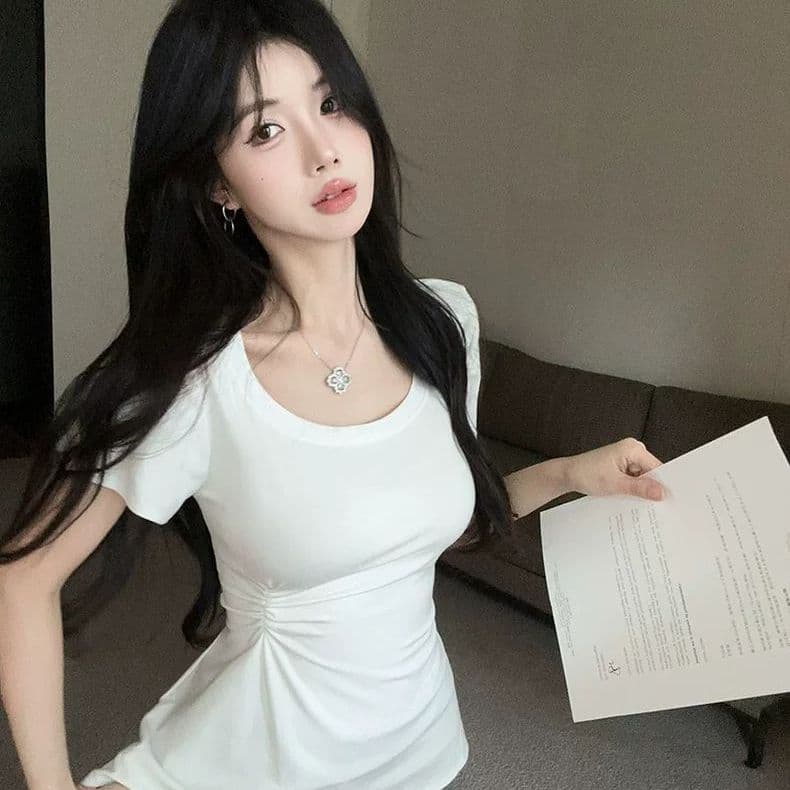 한국 스타일 작은 대중 Chic 라운드 넥 t 치마 꼬집기 허리 작은 대중 디자인 센스 긍정적 인 어깨 티셔츠 여성 슬림해 보이는 맨위 여성 이미지 2