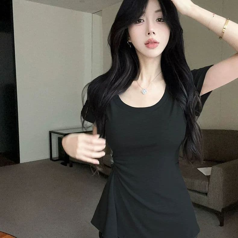 한국 스타일 작은 대중 Chic 라운드 넥 t 치마 꼬집기 허리 작은 대중 디자인 센스 긍정적 인 어깨 티셔츠 여성 슬림해 보이는 맨위 여성 이미지 4