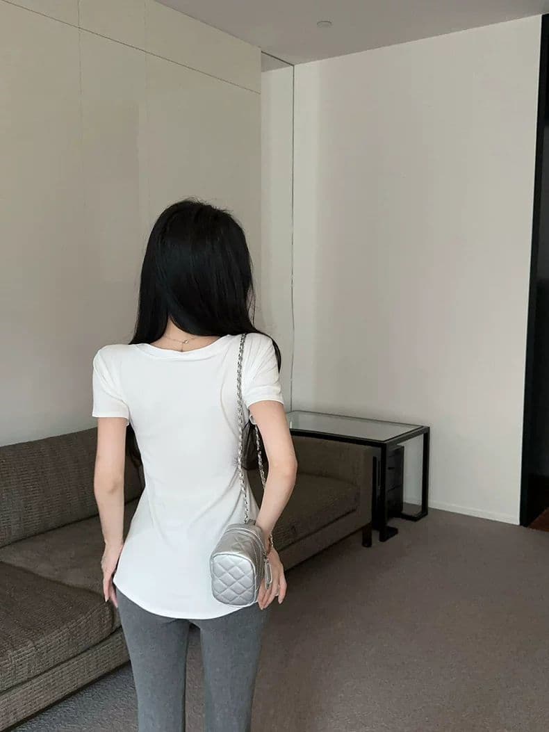 한국 스타일 작은 대중 Chic 라운드 넥 t 치마 꼬집기 허리 작은 대중 디자인 센스 긍정적 인 어깨 티셔츠 여성 슬림해 보이는 맨위 여성 상세 이미지 1