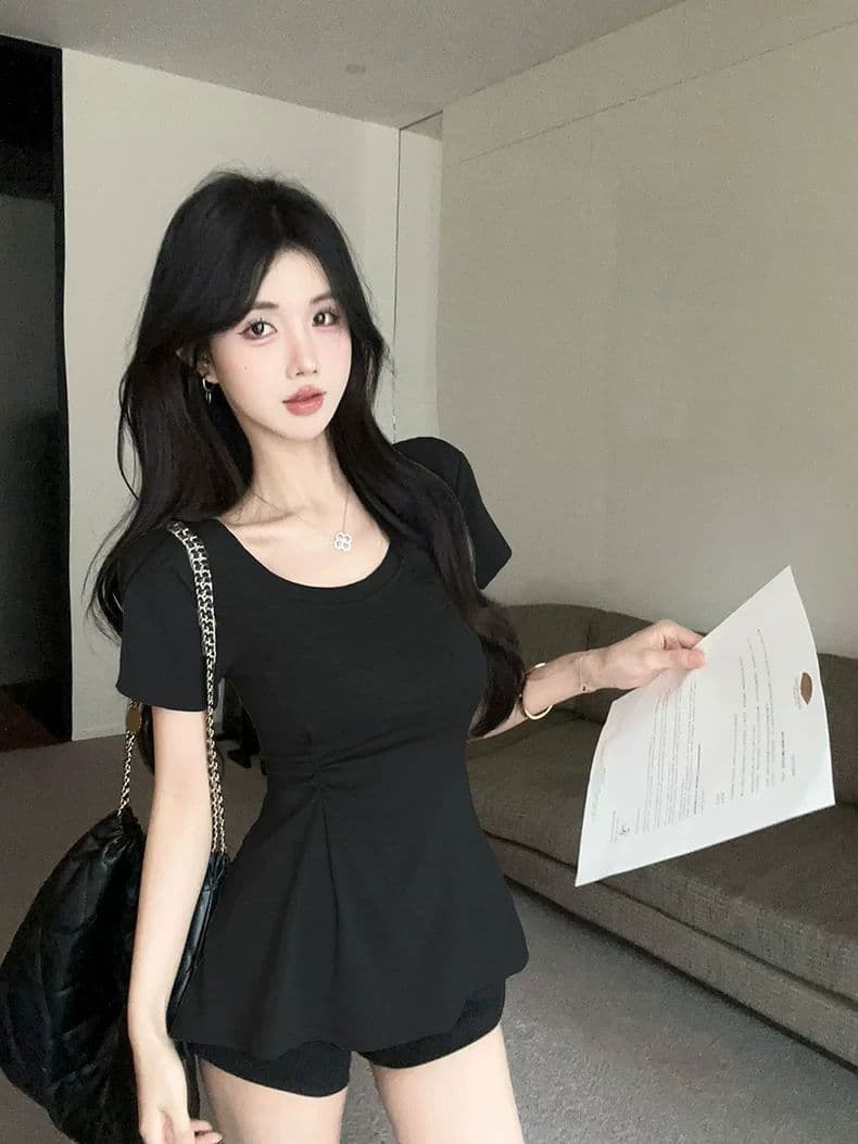 한국 스타일 작은 대중 Chic 라운드 넥 t 치마 꼬집기 허리 작은 대중 디자인 센스 긍정적 인 어깨 티셔츠 여성 슬림해 보이는 맨위 여성 상세 이미지 2