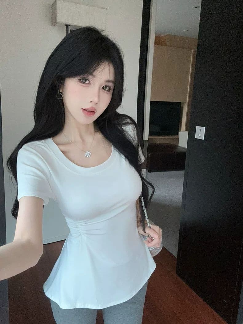 한국 스타일 작은 대중 Chic 라운드 넥 t 치마 꼬집기 허리 작은 대중 디자인 센스 긍정적 인 어깨 티셔츠 여성 슬림해 보이는 맨위 여성 상세 이미지 4