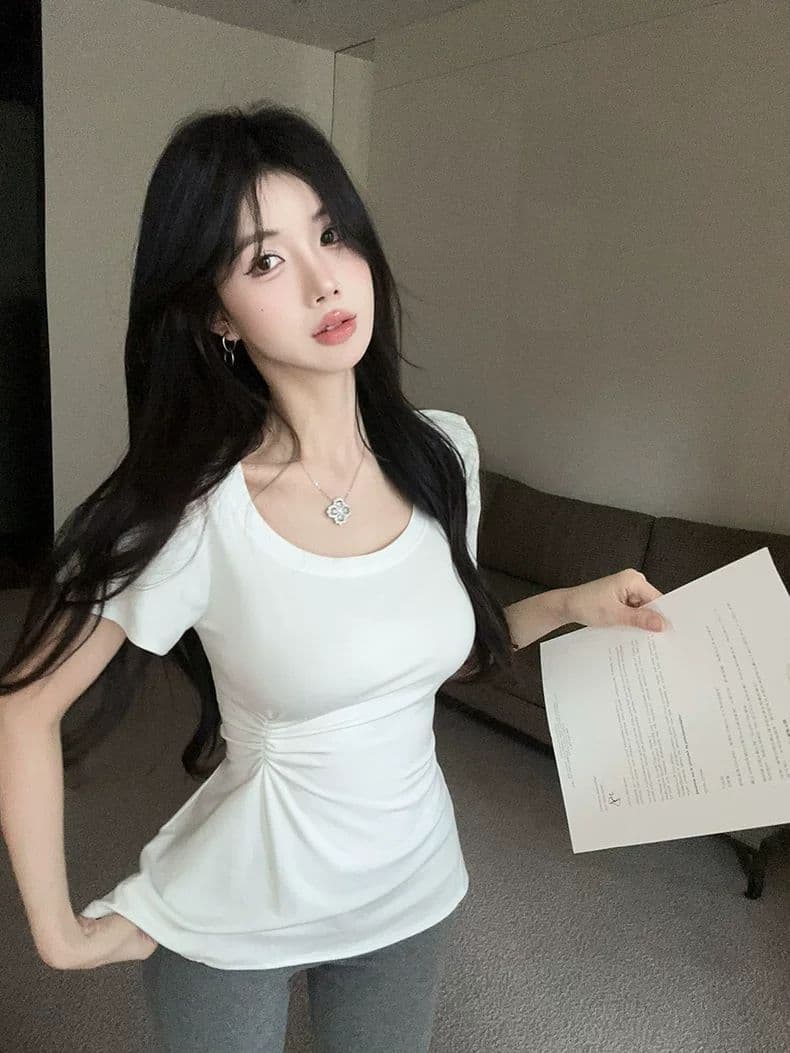 한국 스타일 작은 대중 Chic 라운드 넥 t 치마 꼬집기 허리 작은 대중 디자인 센스 긍정적 인 어깨 티셔츠 여성 슬림해 보이는 맨위 여성 상세 이미지 5
