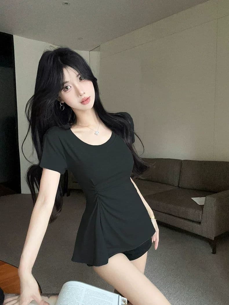 한국 스타일 작은 대중 Chic 라운드 넥 t 치마 꼬집기 허리 작은 대중 디자인 센스 긍정적 인 어깨 티셔츠 여성 슬림해 보이는 맨위 여성 상세 이미지 6