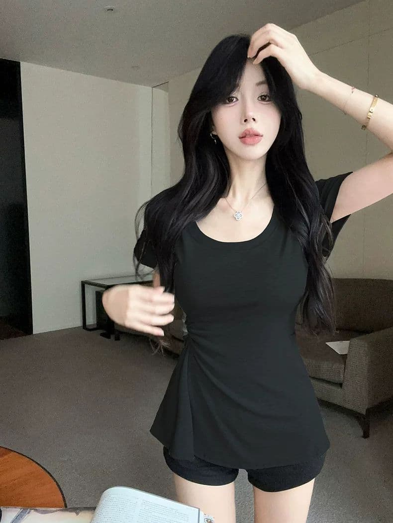 한국 스타일 작은 대중 Chic 라운드 넥 t 치마 꼬집기 허리 작은 대중 디자인 센스 긍정적 인 어깨 티셔츠 여성 슬림해 보이는 맨위 여성 상세 이미지 7