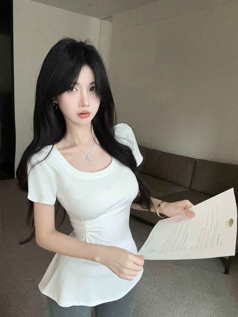 한국 스타일 작은 대중 Chic 라운드 넥 t 치마 꼬집기 허리 작은 대중 디자인 센스 긍정적 인 어깨 티셔츠 여성 슬림해 보이는 맨위 여성 상세 이미지 9