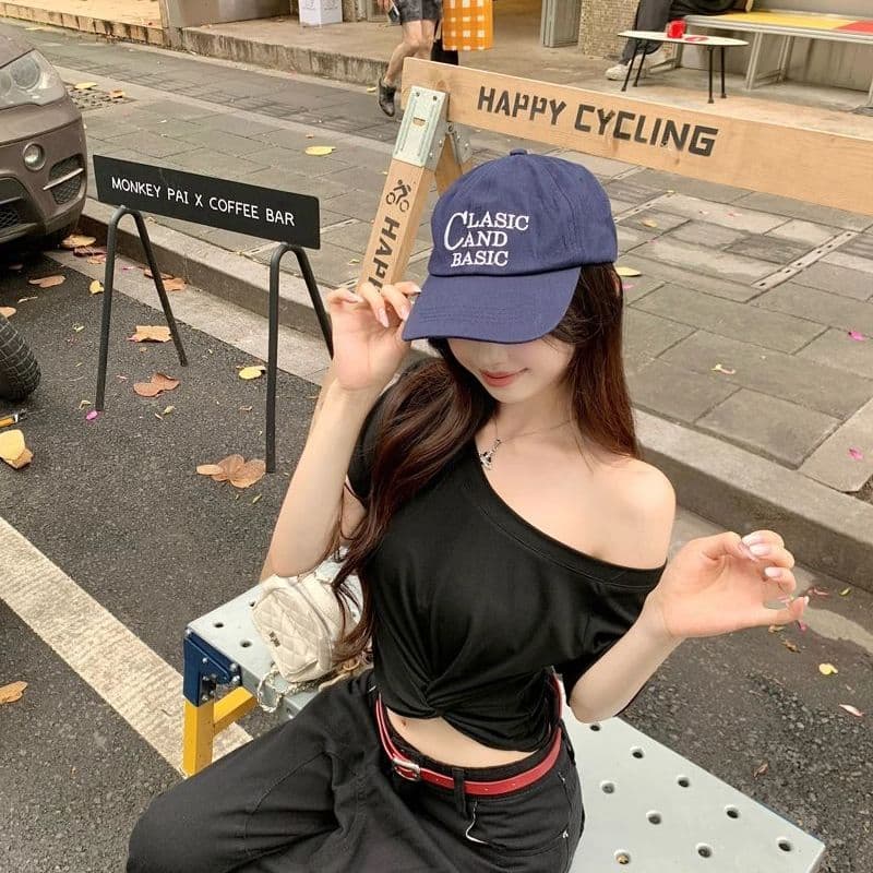 달콤한 매운맛 바람 비스듬한 칼라 오프숄더 핫걸 쇼트 스타일 이슬 뼈의 맨위 한 부서 ins 여름 신제품 다용도 회색 캐주얼 티셔츠 이미지 5