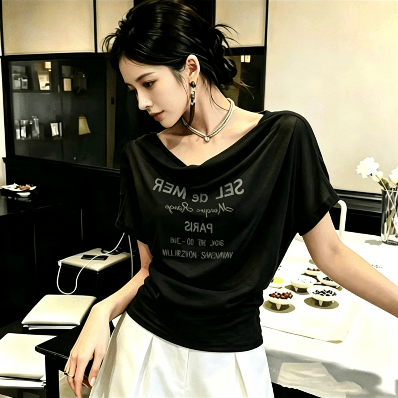 라이 경기 서울 눈꽃 면 여름 새로운 흔들다 칼라 허리 수축 알파벳 프린트 티셔츠 말뚝 더미 칼라 다용도 슬림해 보이는 맨위 이미지 2