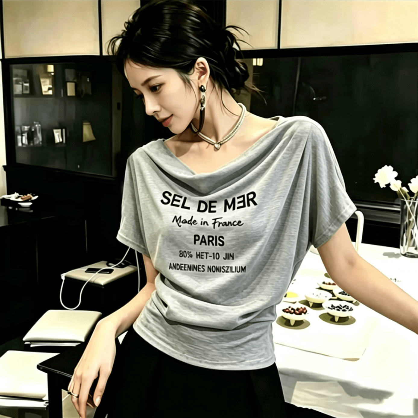 라이 경기 서울 눈꽃 면 여름 새로운 흔들다 칼라 허리 수축 알파벳 프린트 티셔츠 말뚝 더미 칼라 다용도 슬림해 보이는 맨위 이미지 4