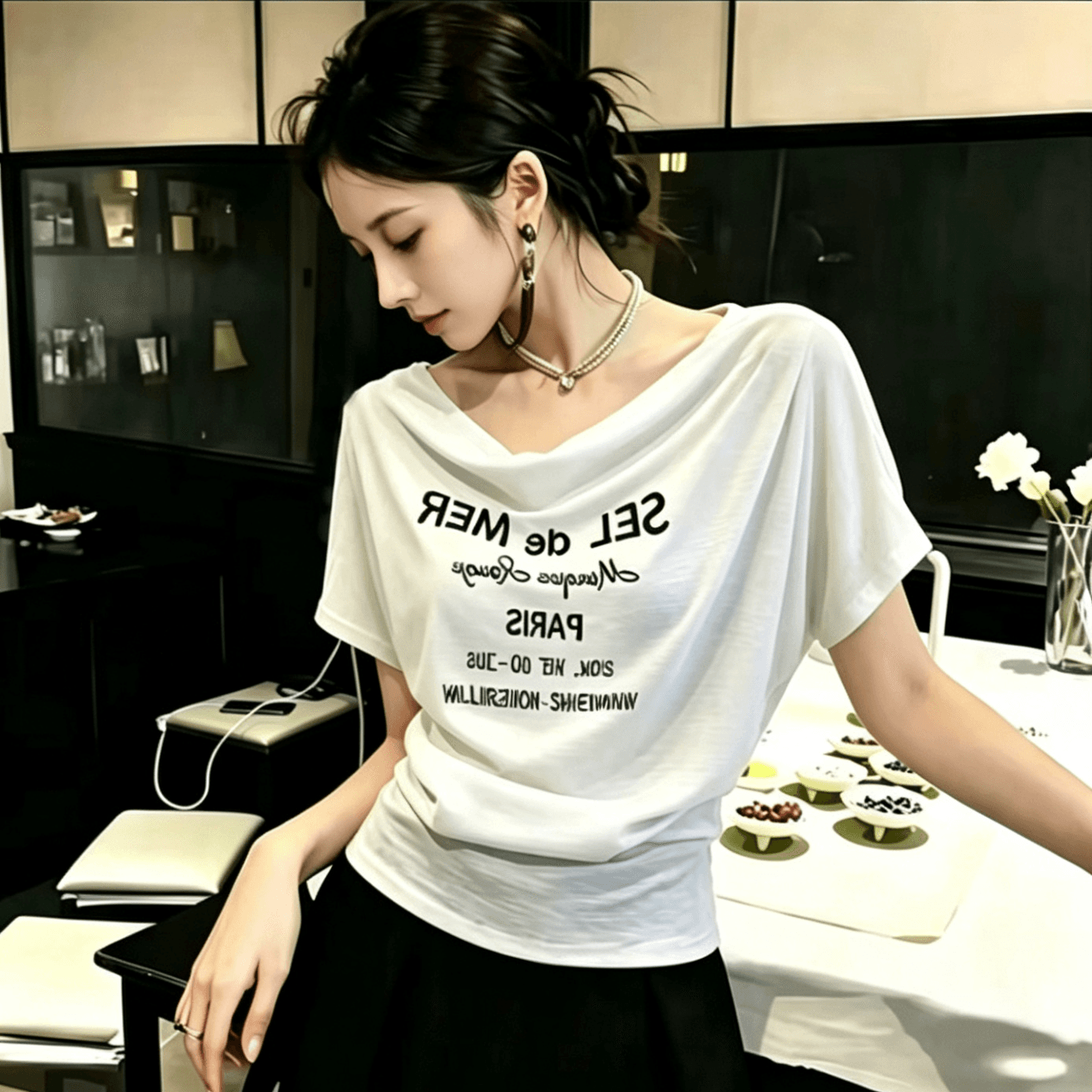 라이 경기 서울 눈꽃 면 여름 새로운 흔들다 칼라 허리 수축 알파벳 프린트 티셔츠 말뚝 더미 칼라 다용도 슬림해 보이는 맨위 상세 이미지 1