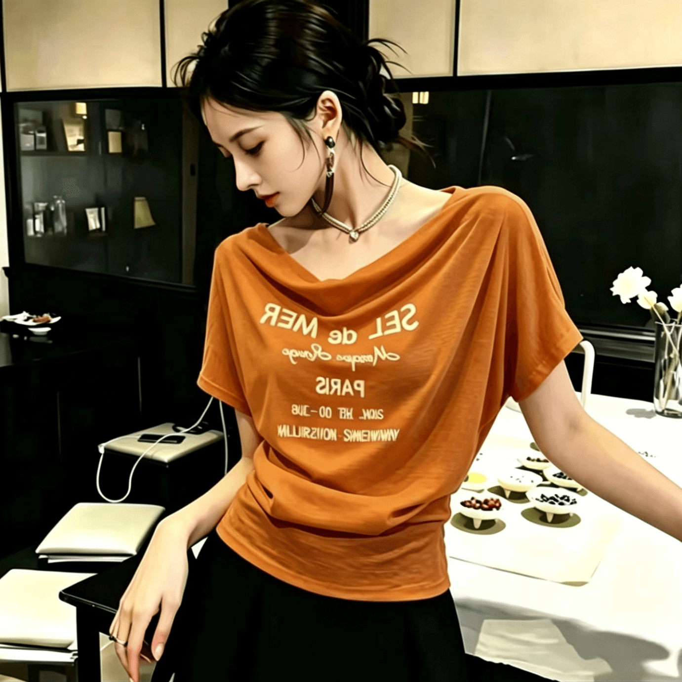 라이 경기 서울 눈꽃 면 여름 새로운 흔들다 칼라 허리 수축 알파벳 프린트 티셔츠 말뚝 더미 칼라 다용도 슬림해 보이는 맨위 상세 이미지 4