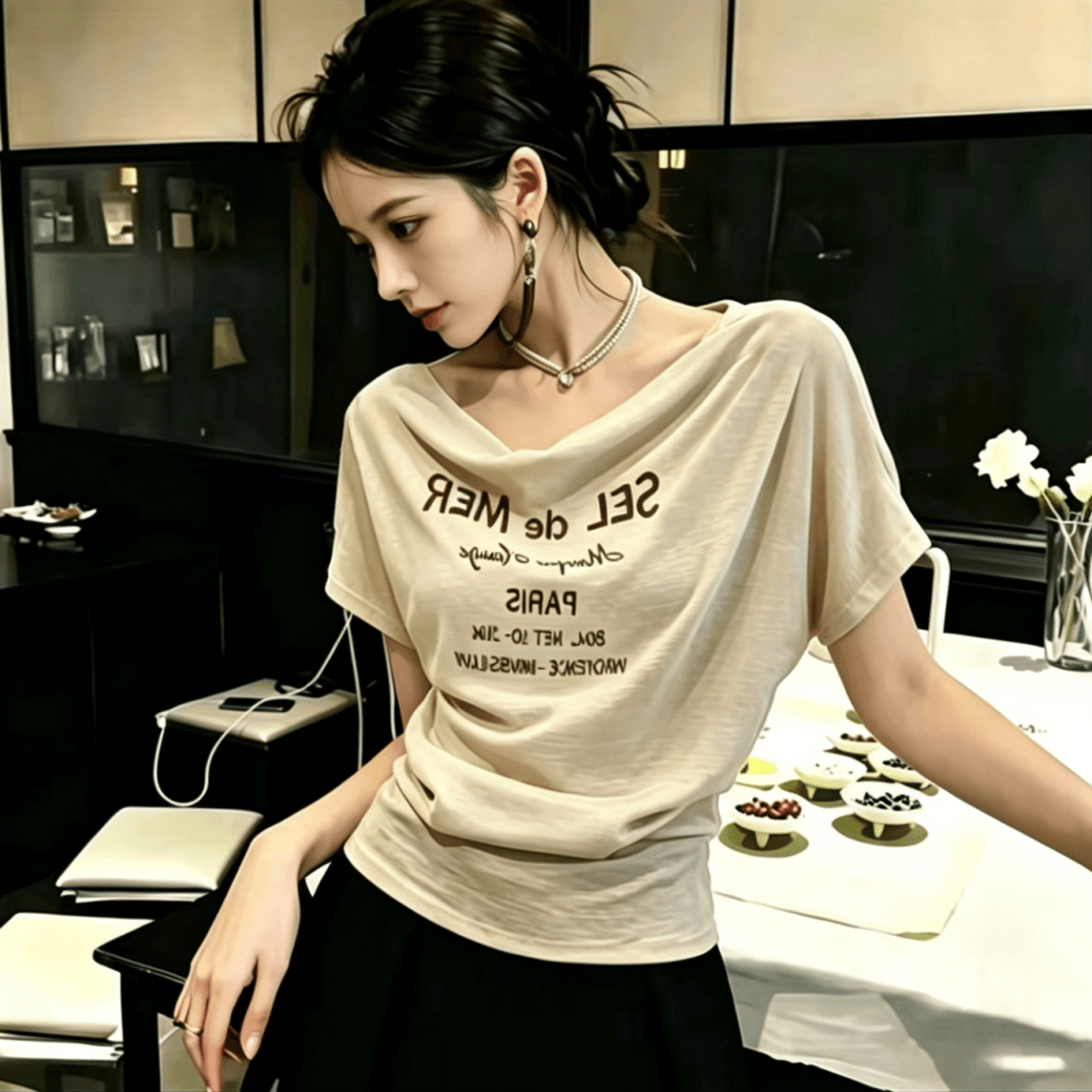 라이 경기 서울 눈꽃 면 여름 새로운 흔들다 칼라 허리 수축 알파벳 프린트 티셔츠 말뚝 더미 칼라 다용도 슬림해 보이는 맨위 상세 이미지 5