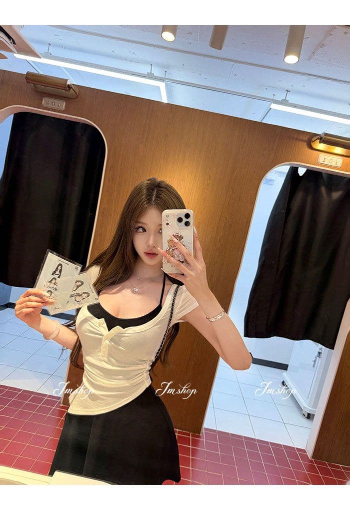 양모 대 u 칼라 비스듬한 진자 허리 수축 핫걸 단추 티셔츠 순수한 욕망 행침 목 니트 슬립 플리츠 스커트 여름 투피스 세트 상세 이미지 4