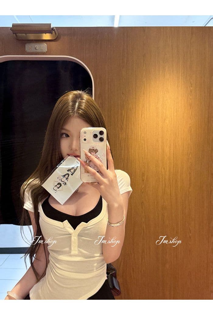 양모 대 u 칼라 비스듬한 진자 허리 수축 핫걸 단추 티셔츠 순수한 욕망 행침 목 니트 슬립 플리츠 스커트 여름 투피스 세트 상세 이미지 5