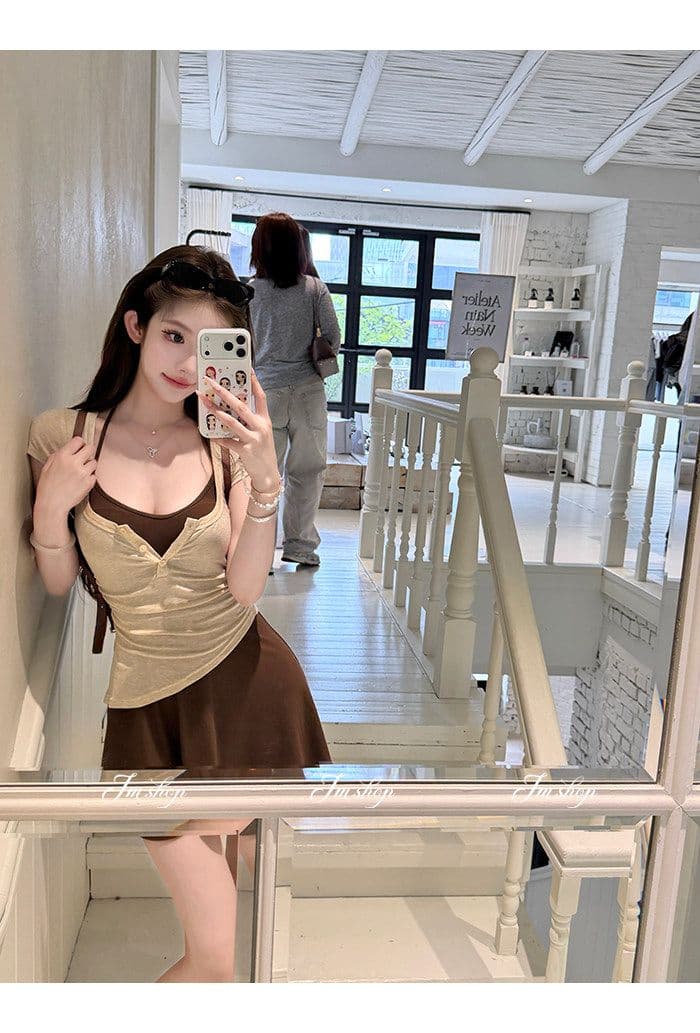 양모 대 u 칼라 비스듬한 진자 허리 수축 핫걸 단추 티셔츠 순수한 욕망 행침 목 니트 슬립 플리츠 스커트 여름 투피스 세트 상세 이미지 7
