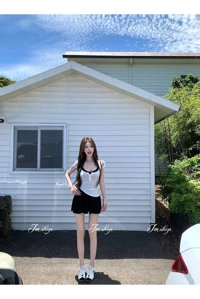양모 대 u 칼라 비스듬한 진자 허리 수축 핫걸 단추 티셔츠 순수한 욕망 행침 목 니트 슬립 플리츠 스커트 여름 투피스 세트 상세 이미지 12