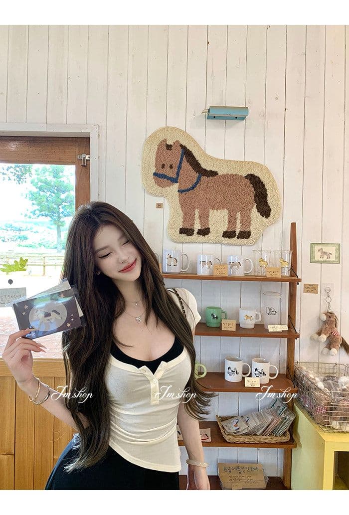 양모 대 u 칼라 비스듬한 진자 허리 수축 핫걸 단추 티셔츠 순수한 욕망 행침 목 니트 슬립 플리츠 스커트 여름 투피스 세트 상세 이미지 13