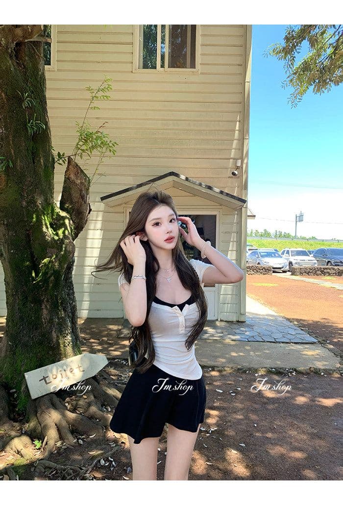 양모 대 u 칼라 비스듬한 진자 허리 수축 핫걸 단추 티셔츠 순수한 욕망 행침 목 니트 슬립 플리츠 스커트 여름 투피스 세트 상세 이미지 21