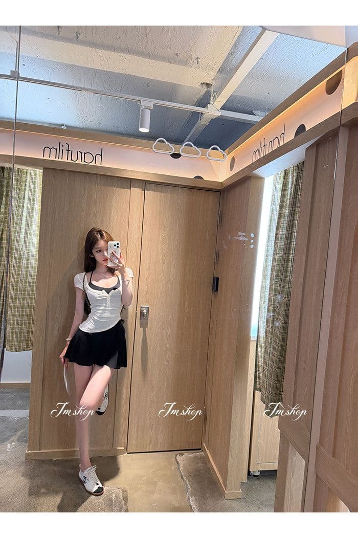 양모 대 u 칼라 비스듬한 진자 허리 수축 핫걸 단추 티셔츠 순수한 욕망 행침 목 니트 슬립 플리츠 스커트 여름 투피스 세트 상세 이미지 26