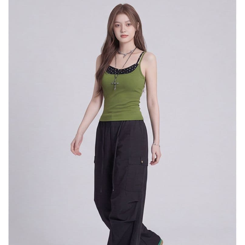 260 그램 사람들 면 달콤한 매운맛 바람 배색 페이크 레이어드 민소매 캐미솔 여름 핫걸 캐주얼 슬림해 보이는 맨위 이미지 3