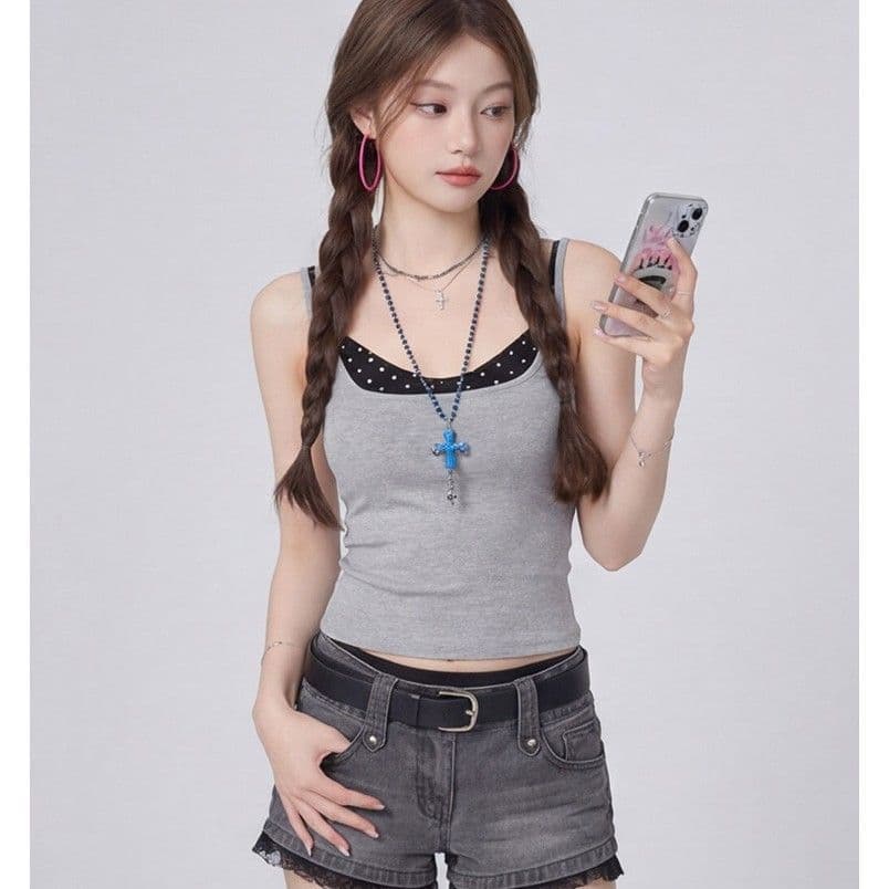 260 그램 사람들 면 달콤한 매운맛 바람 배색 페이크 레이어드 민소매 캐미솔 여름 핫걸 캐주얼 슬림해 보이는 맨위 이미지 5
