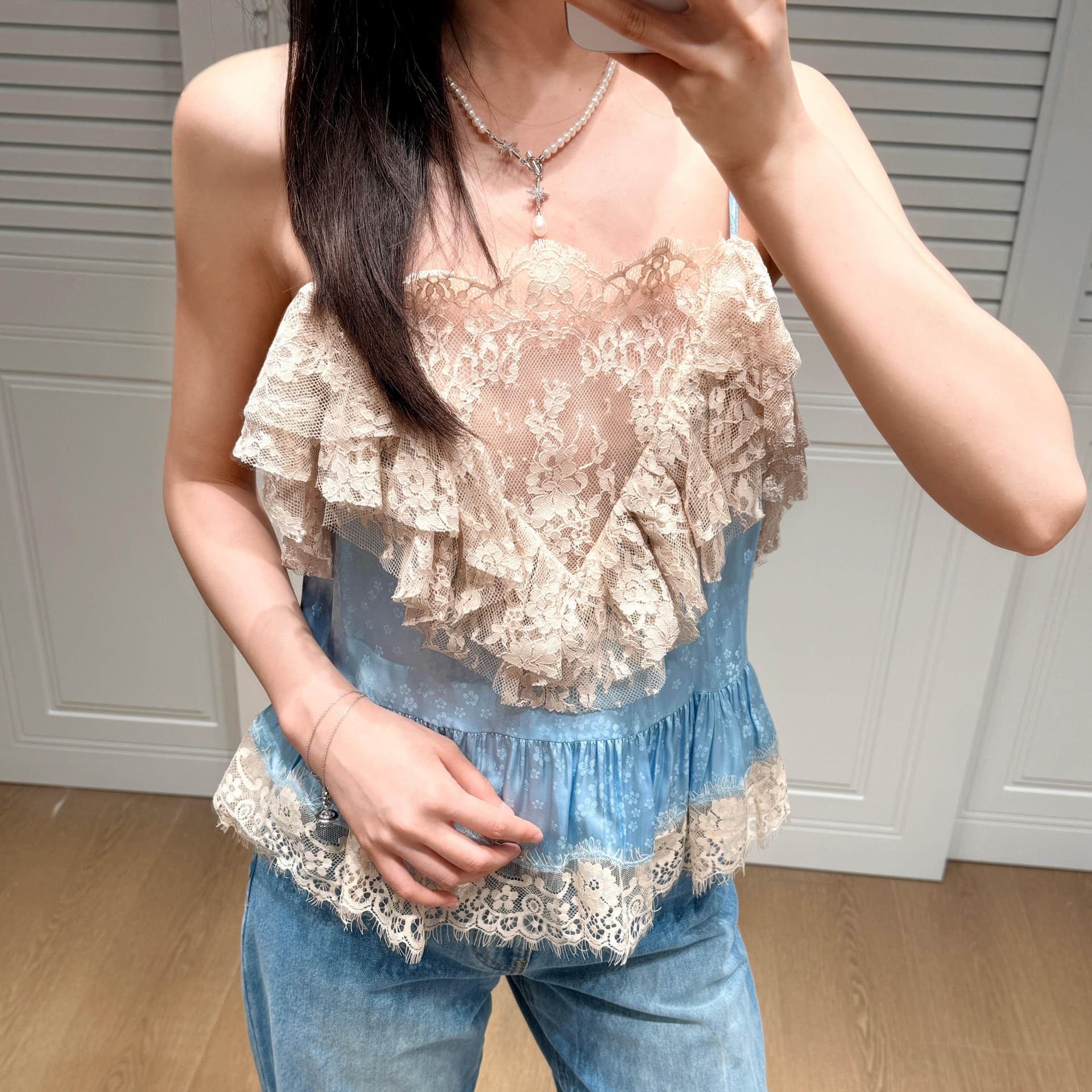 원본 원단 프랑스식 디자인 센스 무거운 작업 파란색 레이스 레이스 패치워크 프릴 순수한 욕망 센스 슬립 맨위 이미지 5