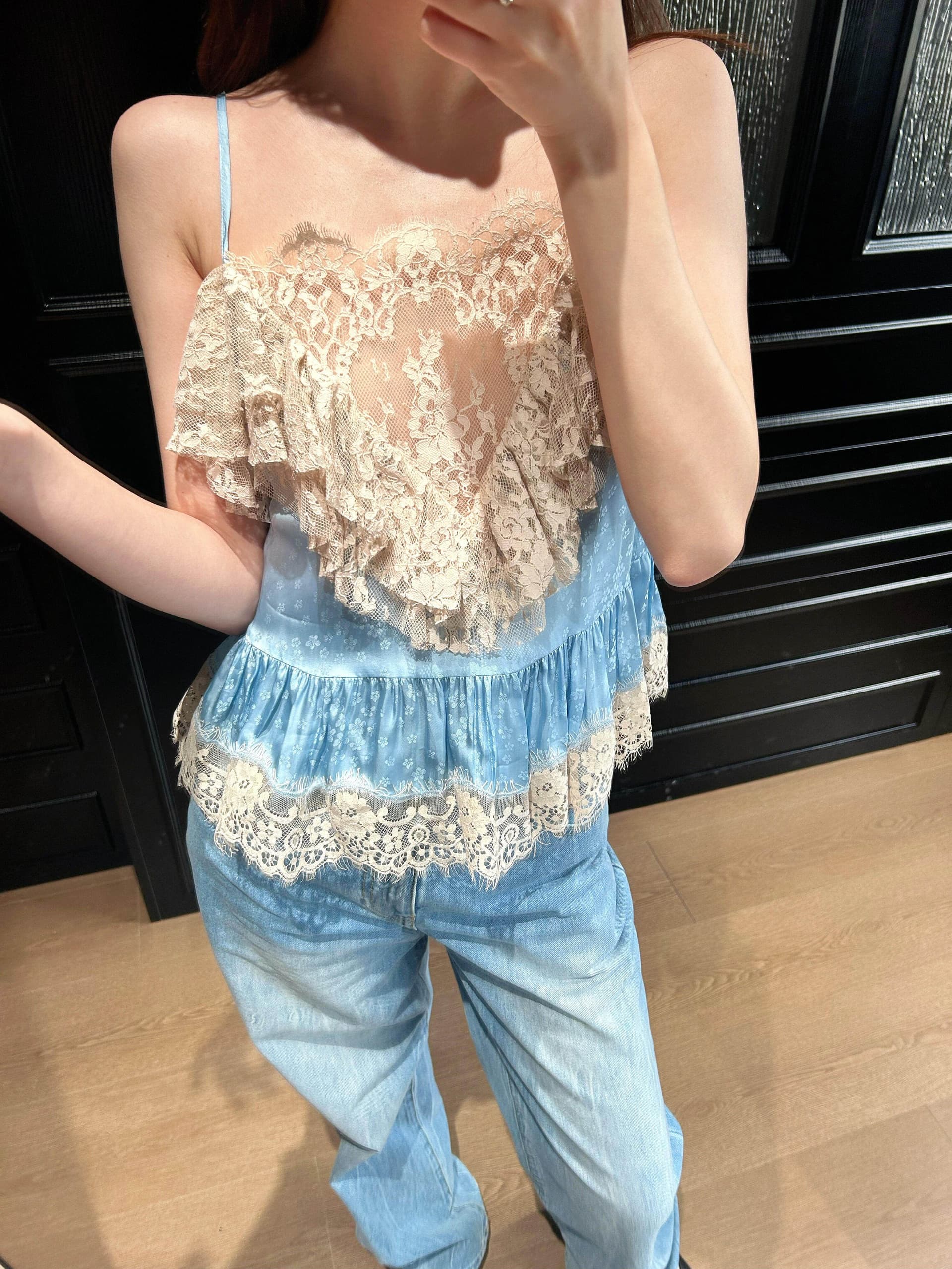 원본 원단 프랑스식 디자인 센스 무거운 작업 파란색 레이스 레이스 패치워크 프릴 순수한 욕망 센스 슬립 맨위 상세 이미지 6
