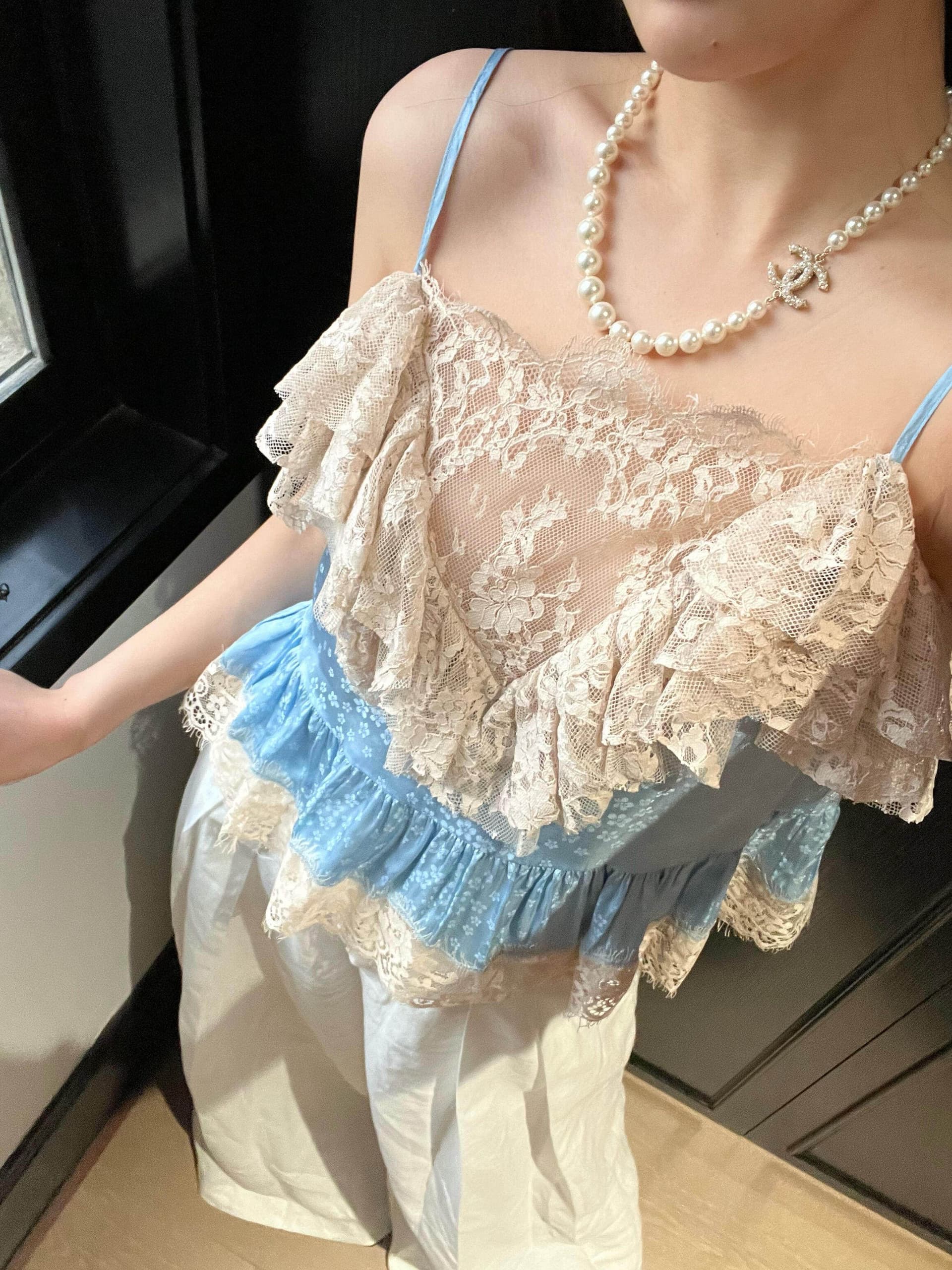 원본 원단 프랑스식 디자인 센스 무거운 작업 파란색 레이스 레이스 패치워크 프릴 순수한 욕망 센스 슬립 맨위 상세 이미지 7