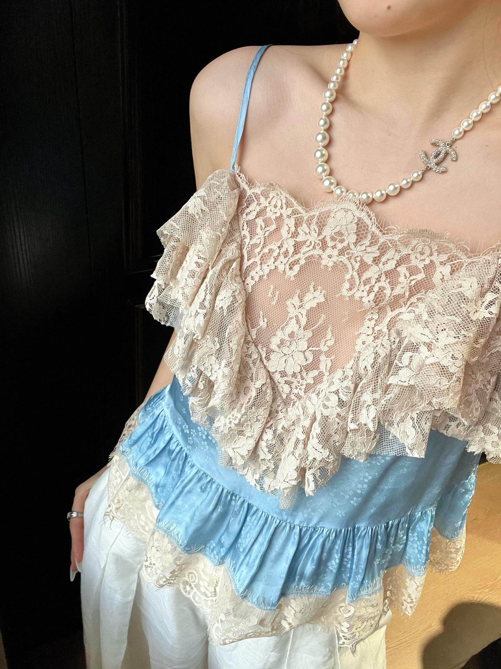 원본 원단 프랑스식 디자인 센스 무거운 작업 파란색 레이스 레이스 패치워크 프릴 순수한 욕망 센스 슬립 맨위 상세 이미지 8