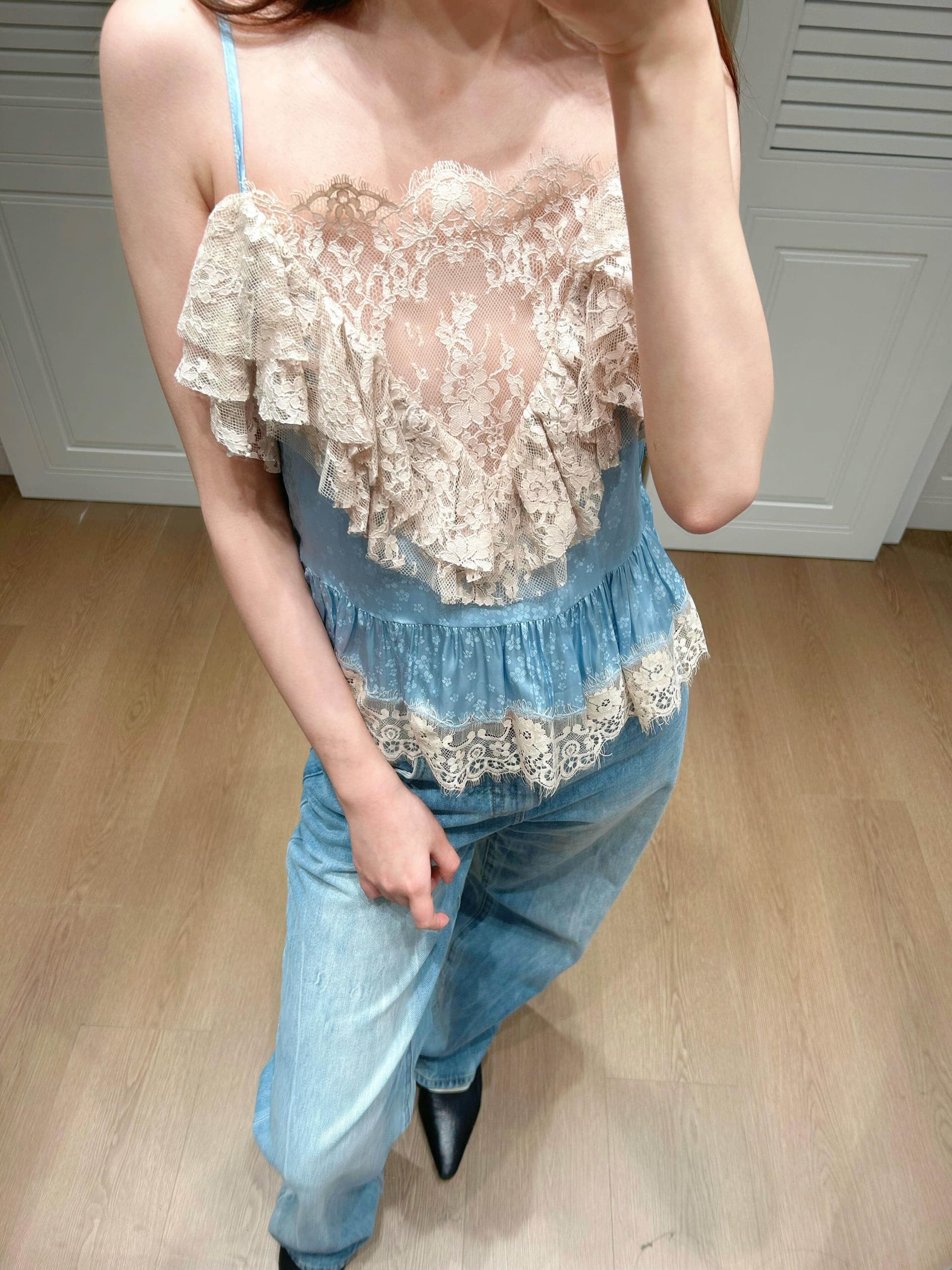원본 원단 프랑스식 디자인 센스 무거운 작업 파란색 레이스 레이스 패치워크 프릴 순수한 욕망 센스 슬립 맨위 상세 이미지 9