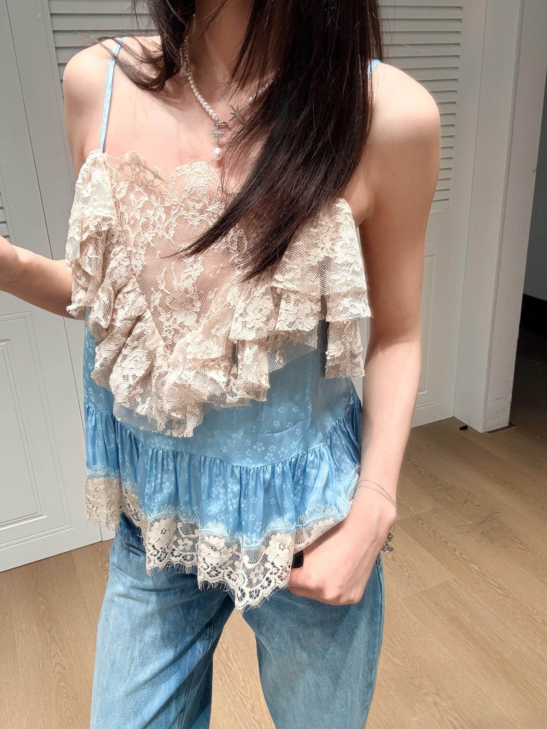 원본 원단 프랑스식 디자인 센스 무거운 작업 파란색 레이스 레이스 패치워크 프릴 순수한 욕망 센스 슬립 맨위 상세 이미지 10
