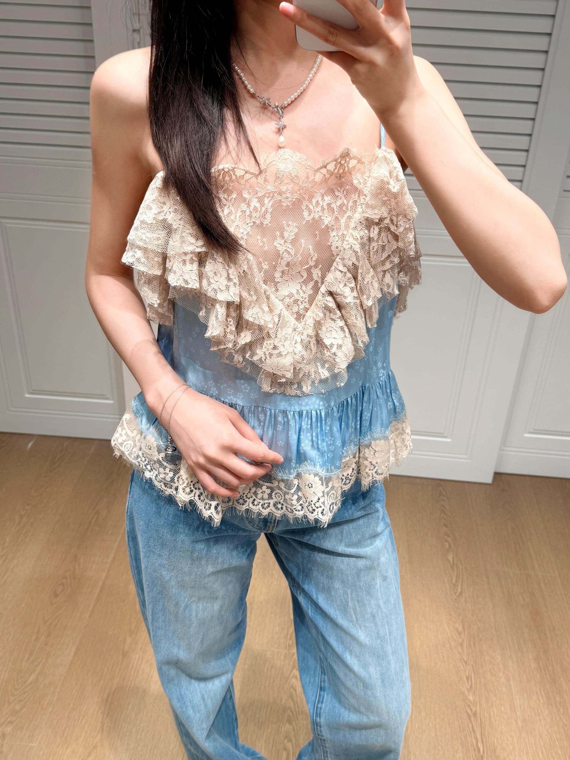 원본 원단 프랑스식 디자인 센스 무거운 작업 파란색 레이스 레이스 패치워크 프릴 순수한 욕망 센스 슬립 맨위 상세 이미지 11