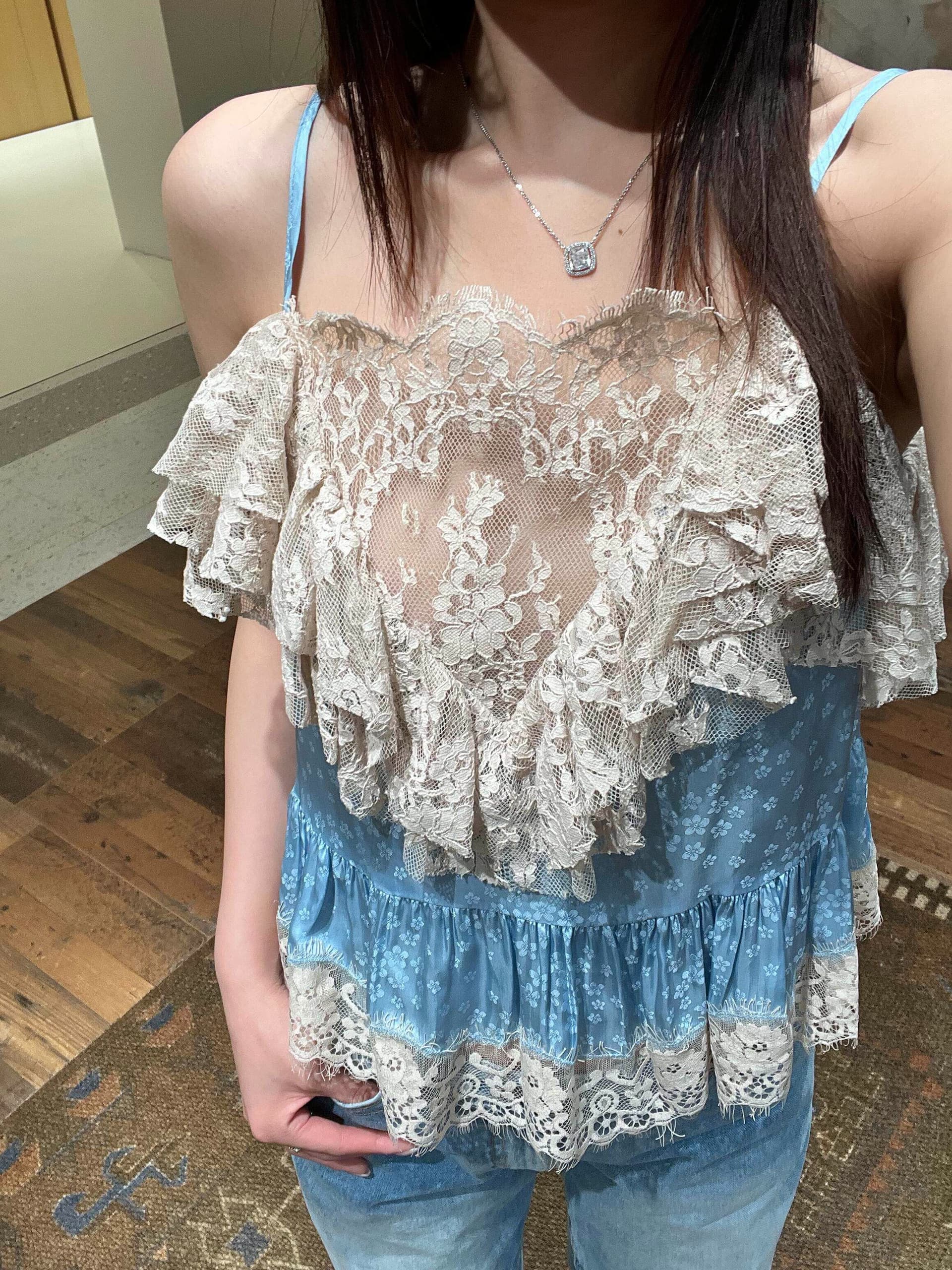 원본 원단 프랑스식 디자인 센스 무거운 작업 파란색 레이스 레이스 패치워크 프릴 순수한 욕망 센스 슬립 맨위 상세 이미지 13