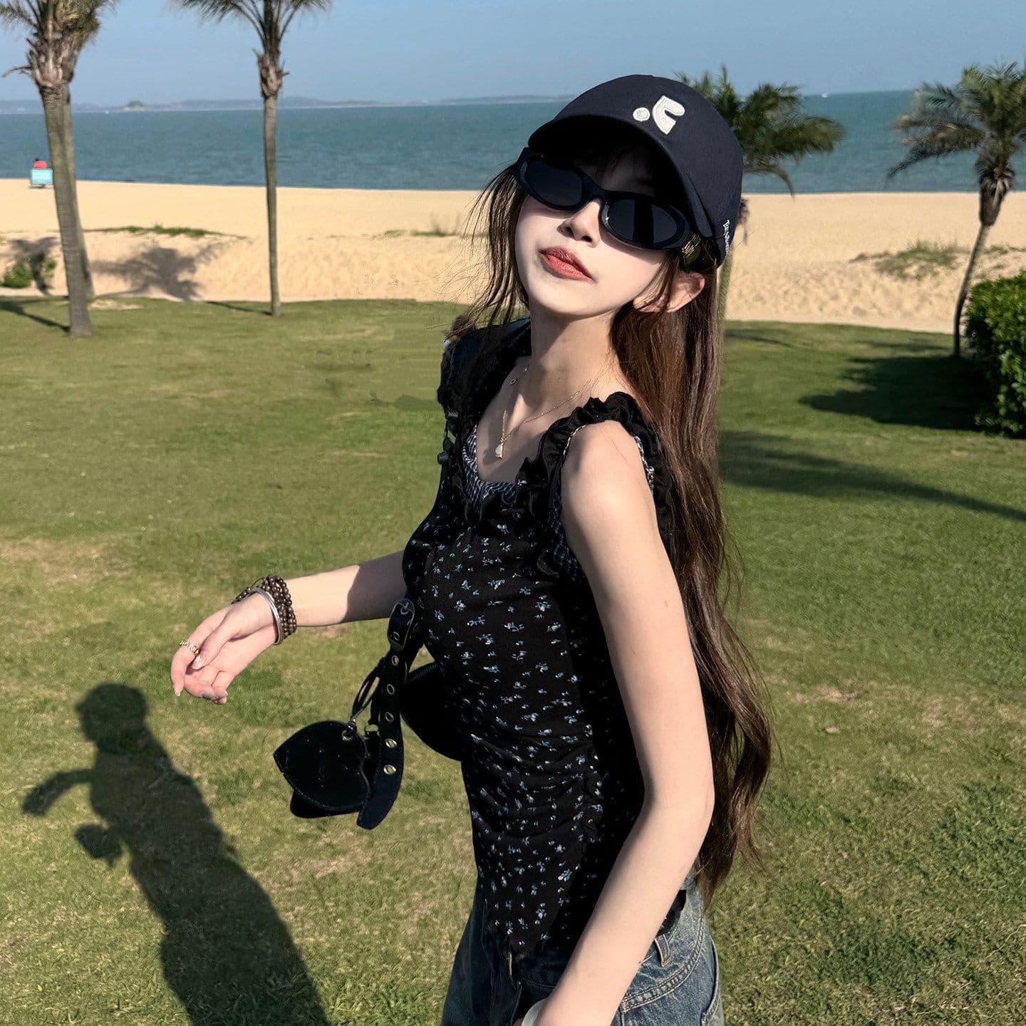 260 그램 와 사고 방식 페이크 레이어드 꽃무늬 조끼 슬립 여성 체크무늬 패치워크 둘 착용 오프숄더 핫걸 맨위 이미지 3