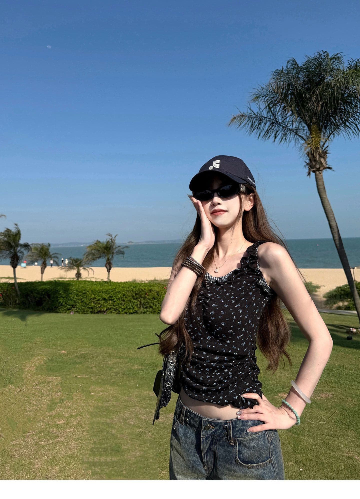 260 그램 와 사고 방식 페이크 레이어드 꽃무늬 조끼 슬립 여성 체크무늬 패치워크 둘 착용 오프숄더 핫걸 맨위 상세 이미지 5
