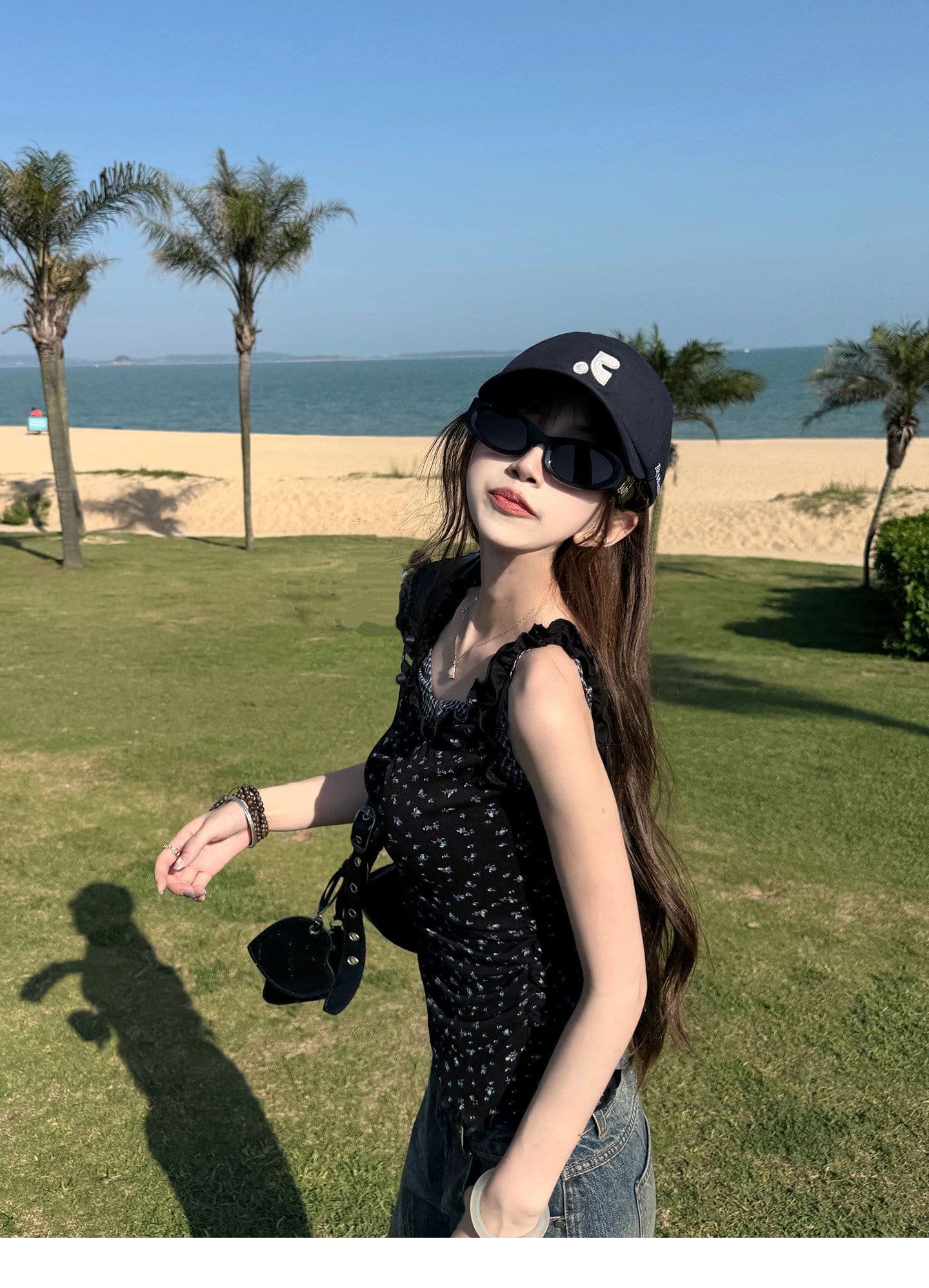 260 그램 와 사고 방식 페이크 레이어드 꽃무늬 조끼 슬립 여성 체크무늬 패치워크 둘 착용 오프숄더 핫걸 맨위 상세 이미지 7