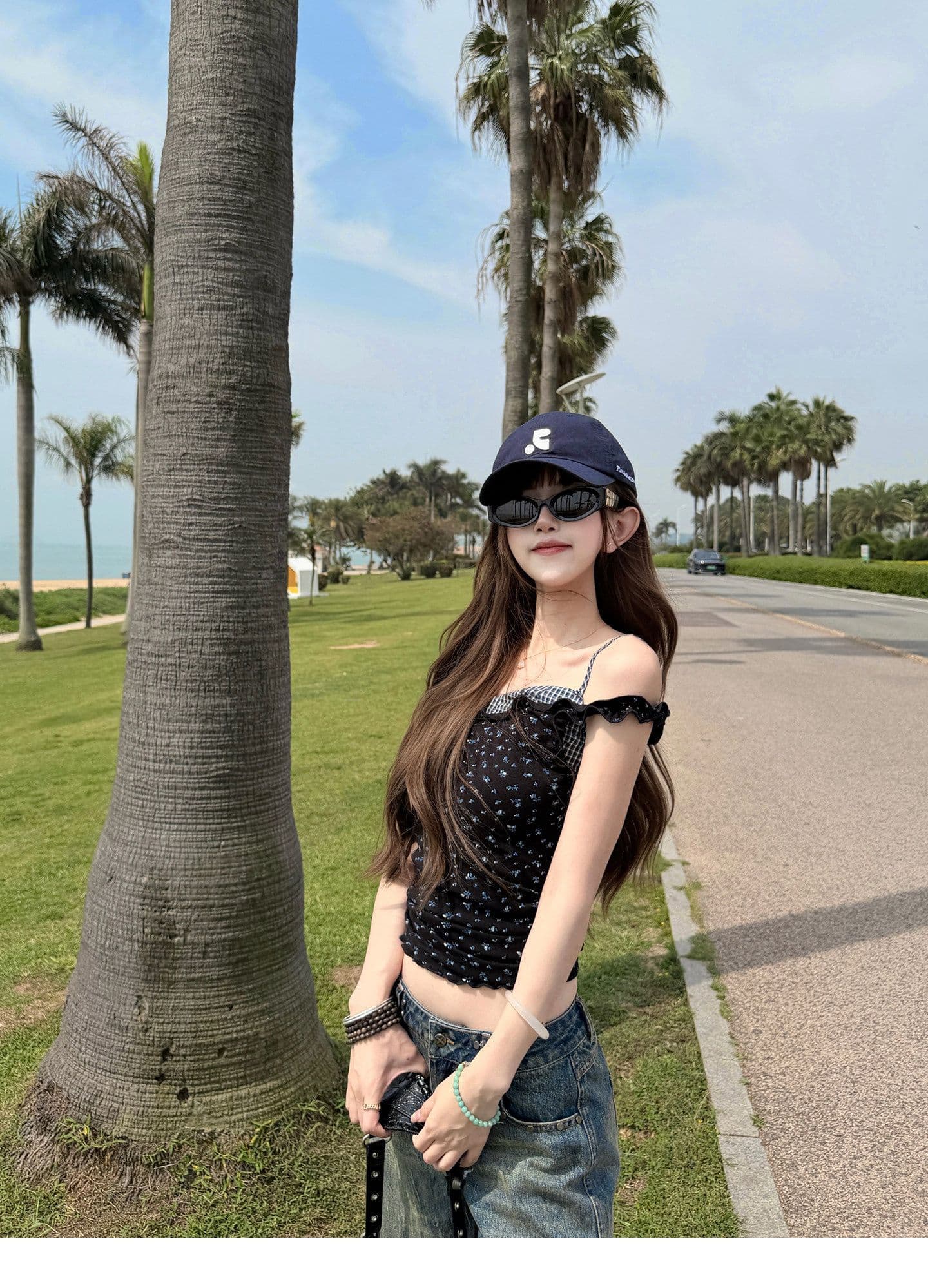260 그램 와 사고 방식 페이크 레이어드 꽃무늬 조끼 슬립 여성 체크무늬 패치워크 둘 착용 오프숄더 핫걸 맨위 상세 이미지 12