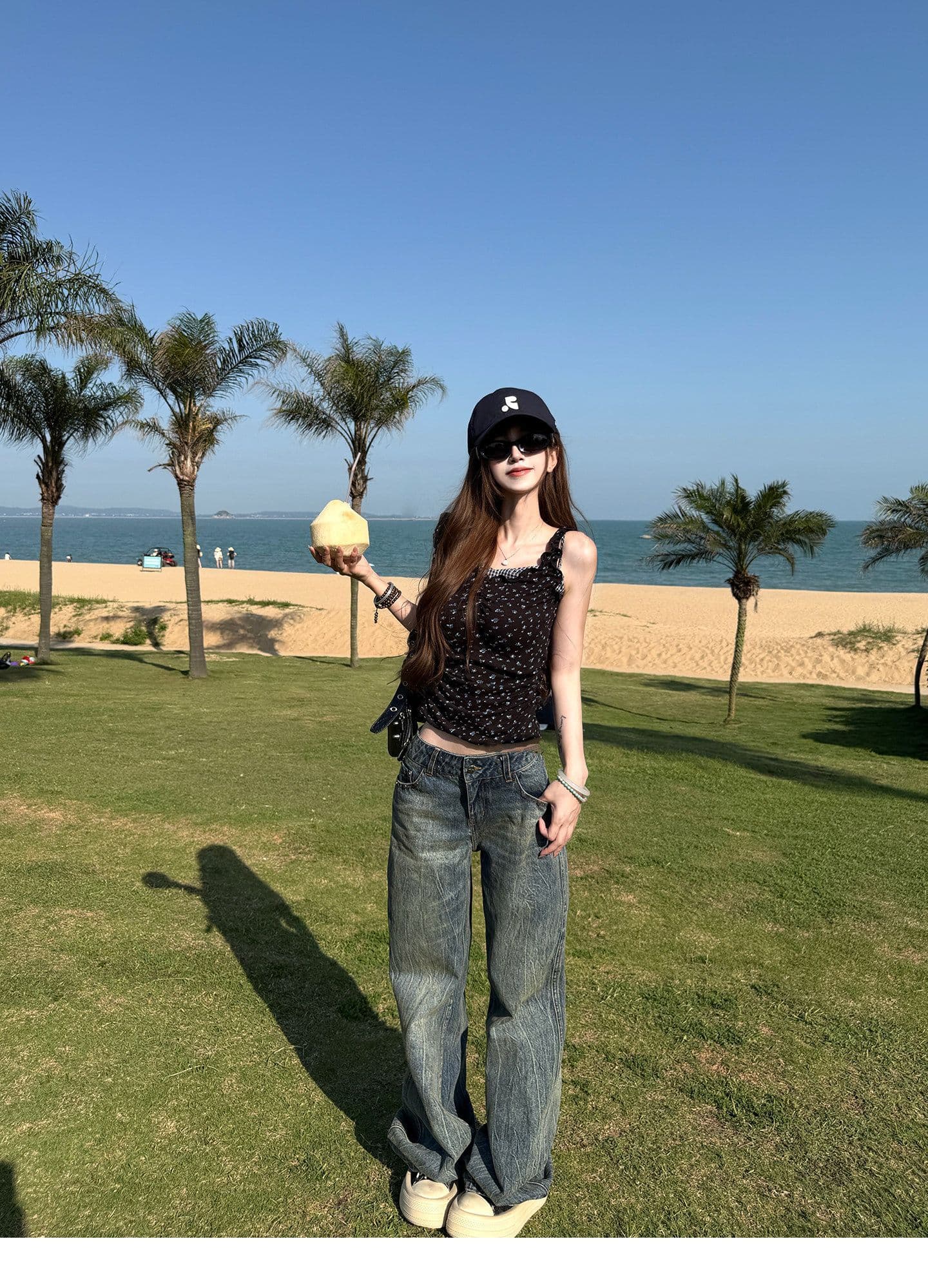 260 그램 와 사고 방식 페이크 레이어드 꽃무늬 조끼 슬립 여성 체크무늬 패치워크 둘 착용 오프숄더 핫걸 맨위 상세 이미지 18