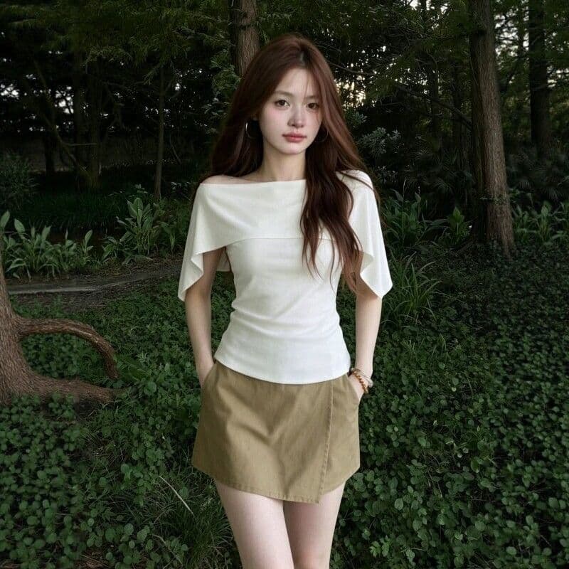 순면 2026 새로운 익스트림 제인 숄 보트넥 니트 스웨터 맨위 품격 망토 페이크 레이어드 반팔 티셔츠 이미지 3