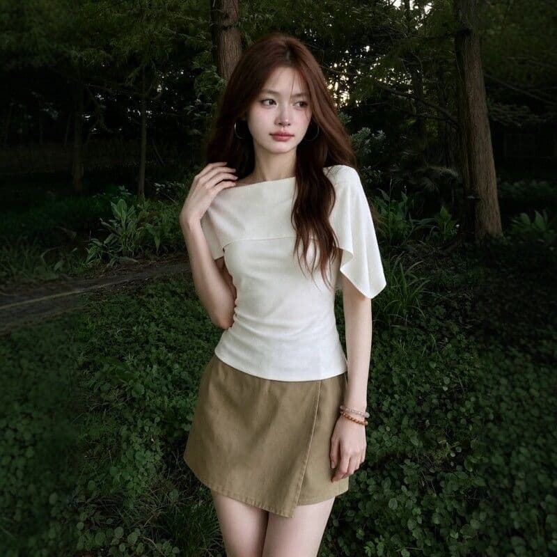 순면 2026 새로운 익스트림 제인 숄 보트넥 니트 스웨터 맨위 품격 망토 페이크 레이어드 반팔 티셔츠 이미지 2