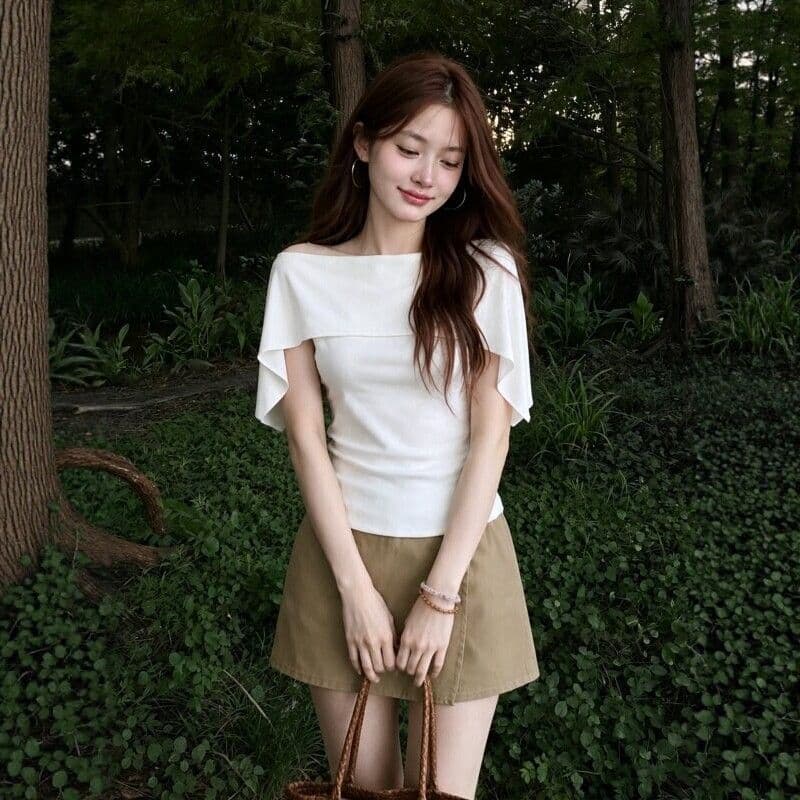 순면 2026 새로운 익스트림 제인 숄 보트넥 니트 스웨터 맨위 품격 망토 페이크 레이어드 반팔 티셔츠 이미지 5